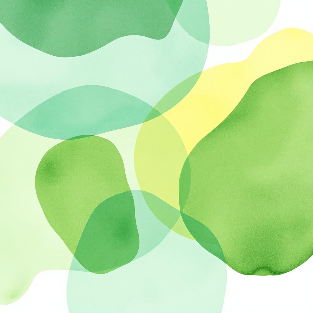 Soft overlapping watercolor shapes in sage, yellow and sky tones